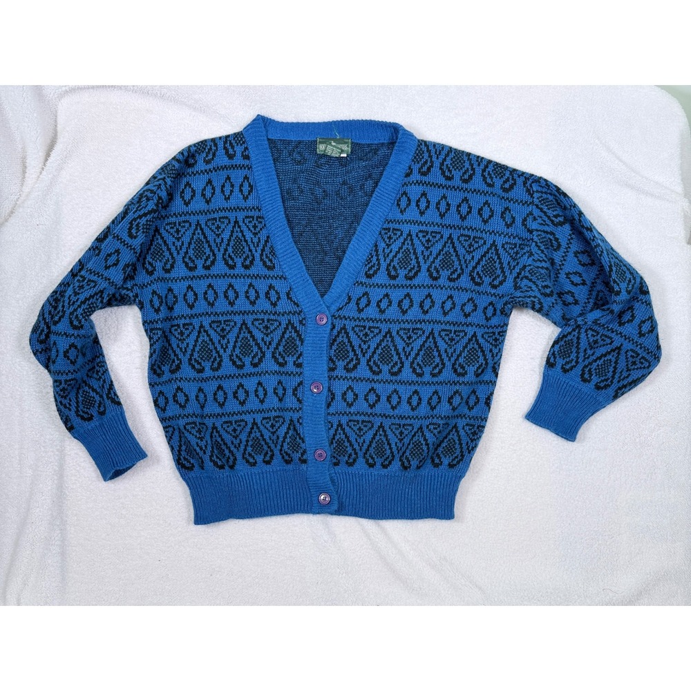 Boundary Waters Vintage Blue Black Geometric Knit Cardigan Sweater Womens L 80s